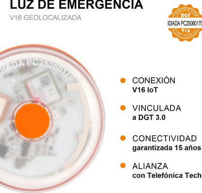 Luz de Emergencia V16 Aprobada por la DGT con Geolocalización 3.0 – Señalización de Ubicación para Automóviles, Plan de Datos Incluido – Base Magnética IP54 – Cumple con la Normativa 2026.