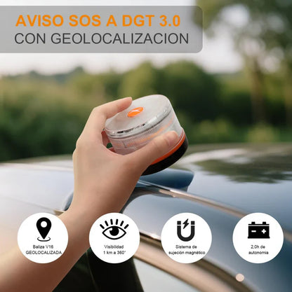 Luz de Emergencia V16 Aprobada por la DGT con Geolocalización 3.0 – Señalización de Ubicación para Automóviles, Plan de Datos Incluido – Base Magnética IP54 – Cumple con la Normativa 2026.
