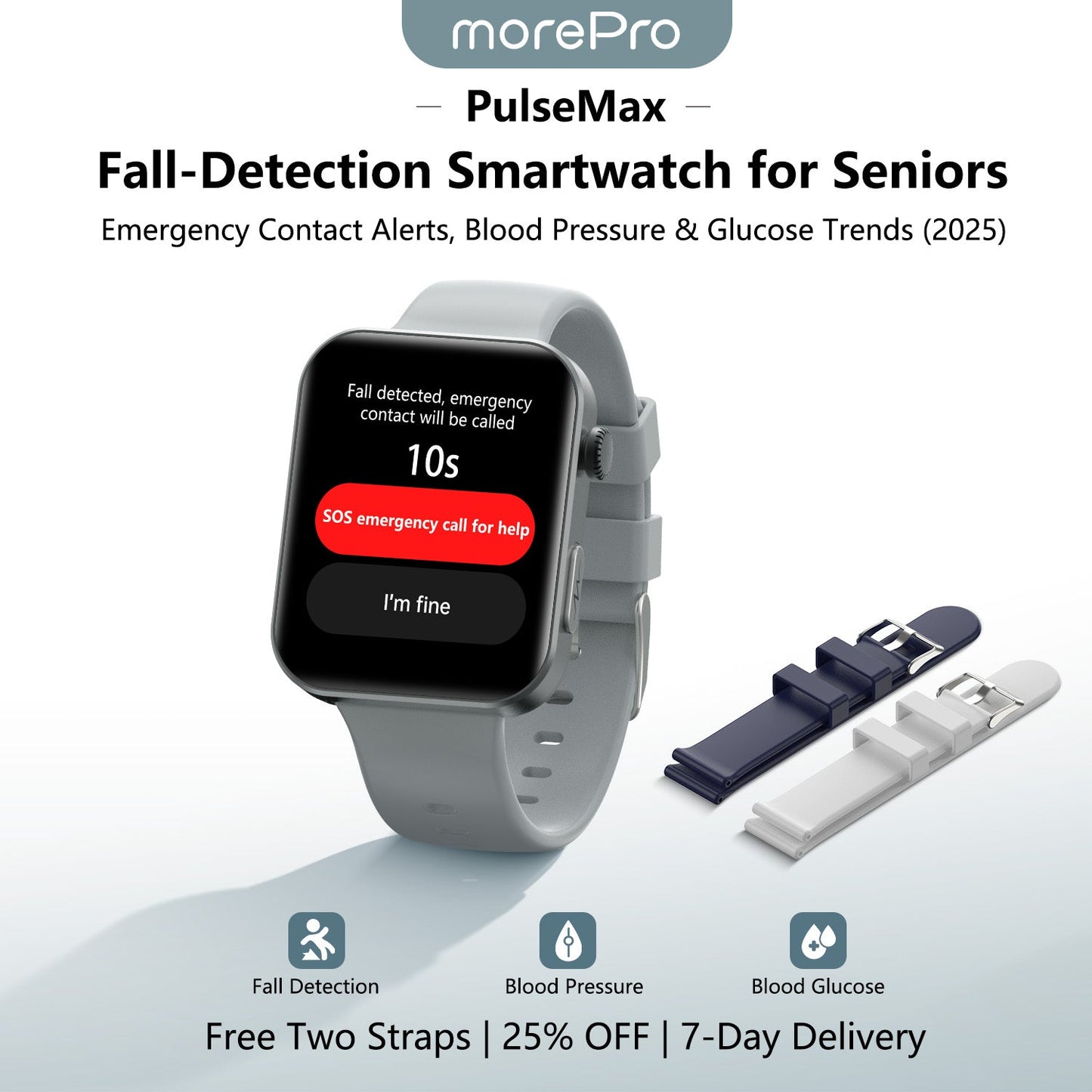 Best Upgrade MorePro® PulseMax Fall Detection Watch With Blood Glucose+Blood Pressure Monitoring+Calls 2025+ Free Strap*2 Gift🎁