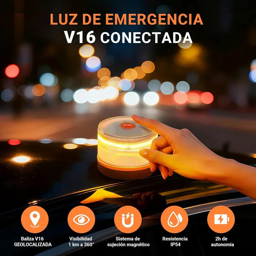 Luz de Emergencia V16 Aprobada por la DGT con Geolocalización 3.0 – Señalización de Ubicación para Automóviles, Plan de Datos Incluido – Base Magnética IP54 – Cumple con la Normativa 2026.