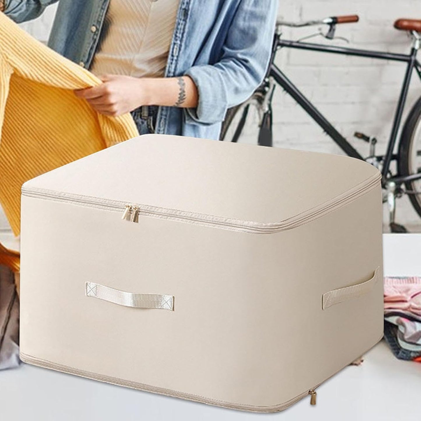 Large Capacity Fabric Storage Box – Foldable Clothes & Quilt Organizer with Handles and Zipper