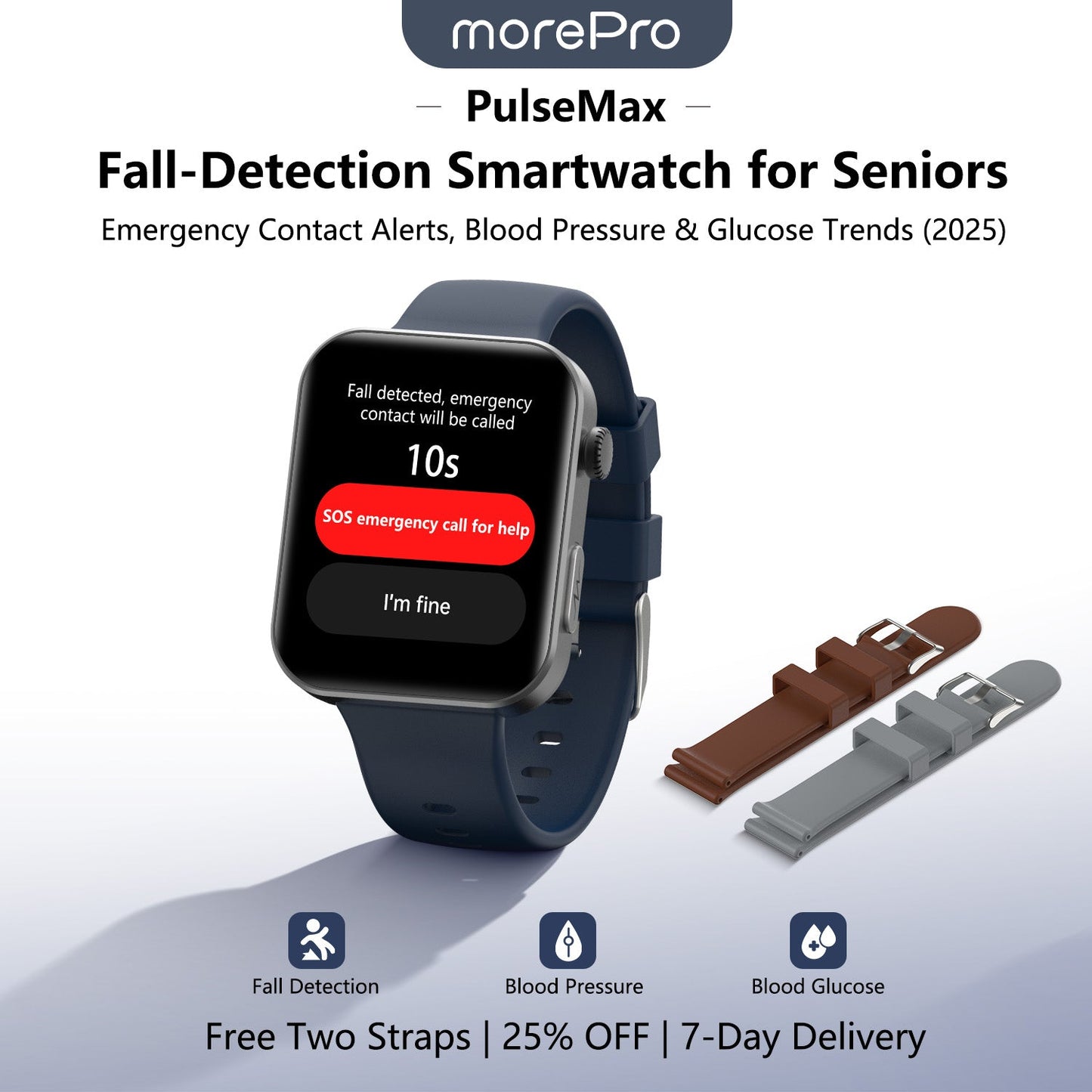 Best Upgrade MorePro® PulseMax Fall Detection Watch With Blood Glucose+Blood Pressure Monitoring+Calls 2025+ Free Strap*2 Gift🎁