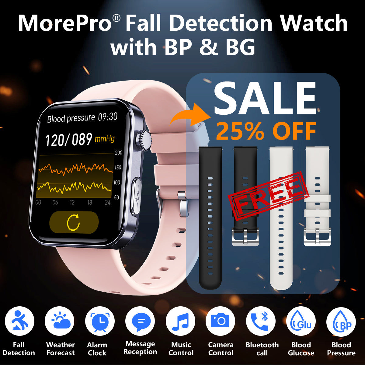 Best Upgrade MorePro® PulseMax Fall Detection Watch With Blood Glucose+Blood Pressure Monitoring+Calls 2025+ Free Strap*2 Gift🎁